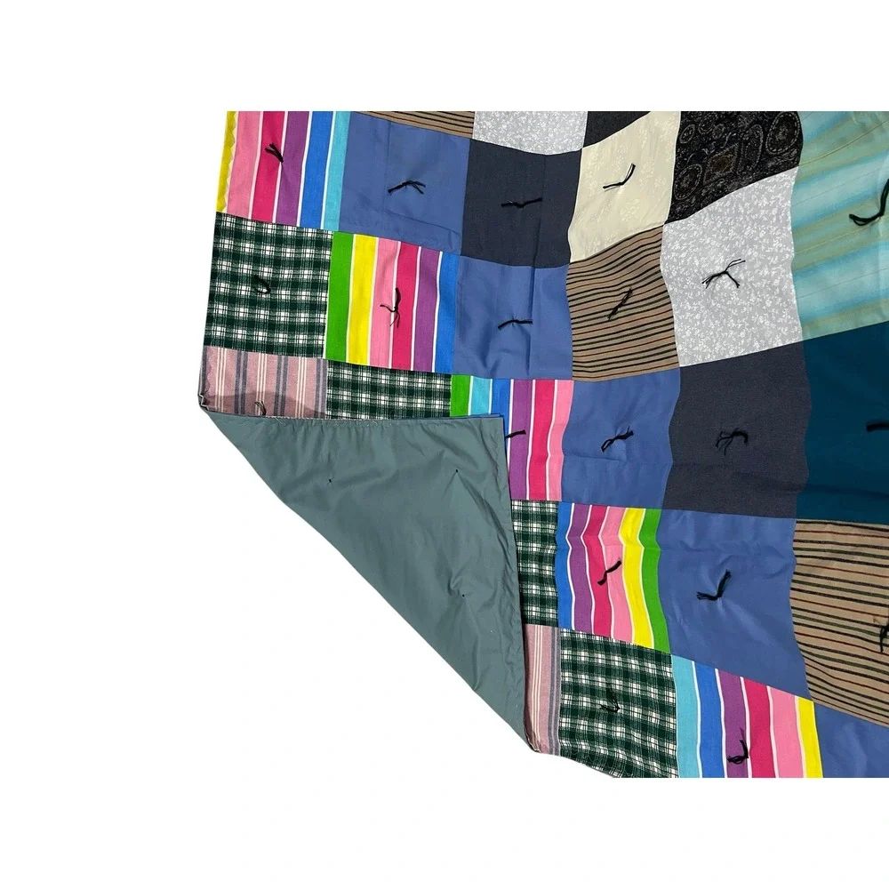 Vintage Patchwork‎ Quilt Blue Plaid Striped Hand Tied Cottagecore Twin